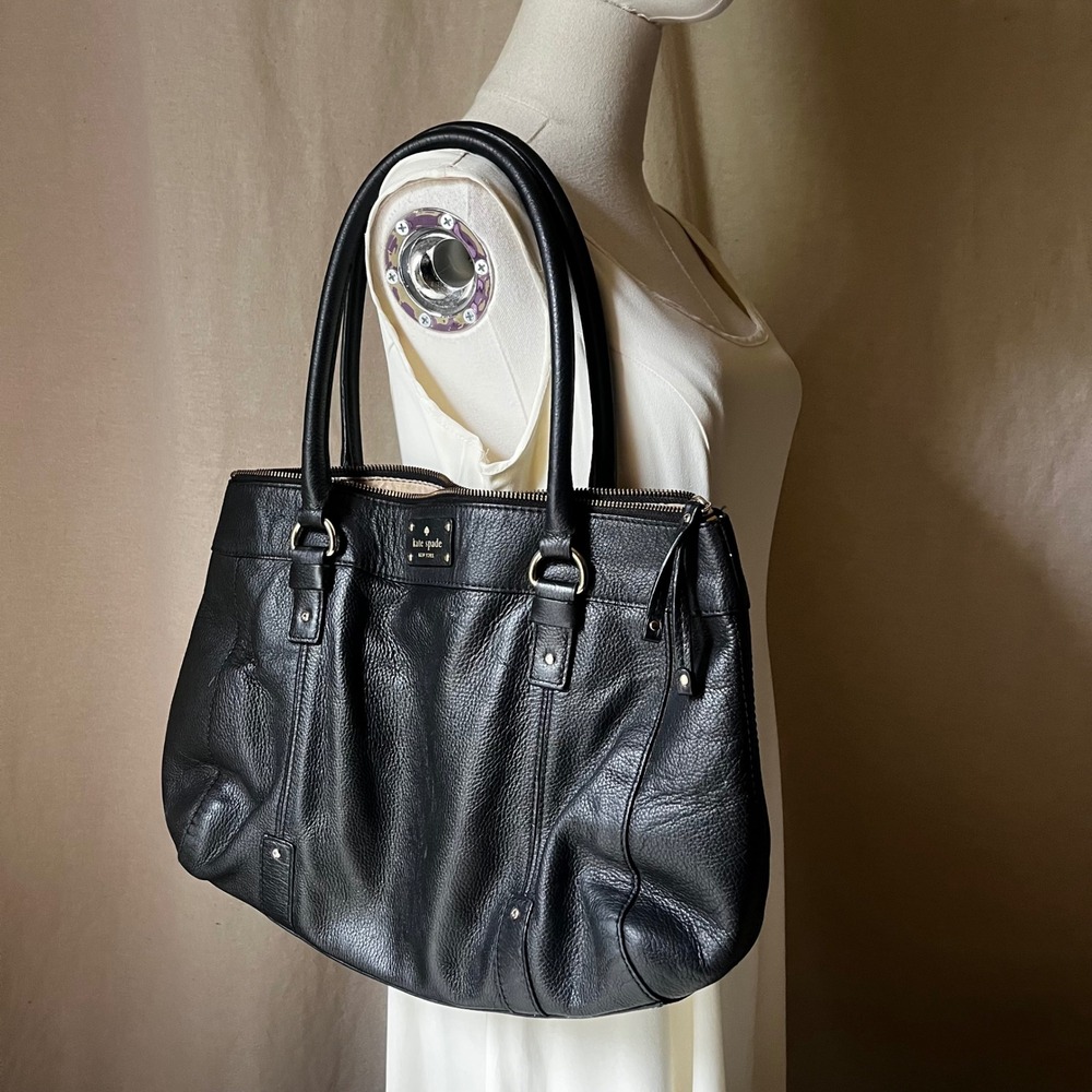 Kate Spade New York Black Pebbled Leather Large Shoulder Tote Bag Zip Top